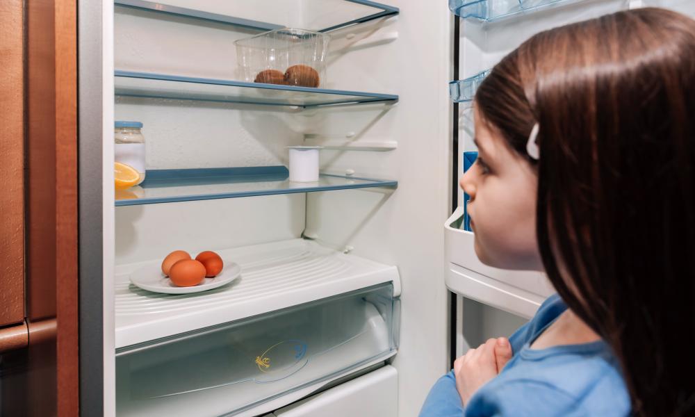 Child at nearly empty fridge